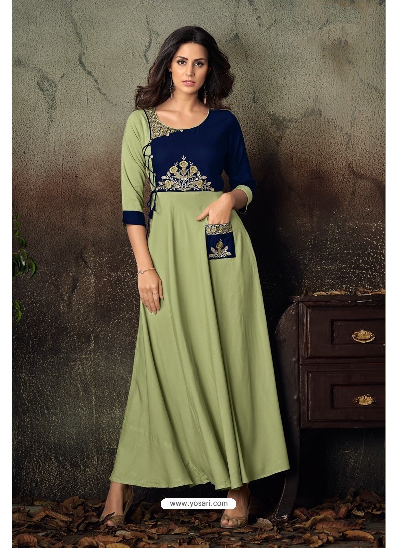 Buy Olive Green Designer Readymade Thread Embroidered Rayon Kurti For ...