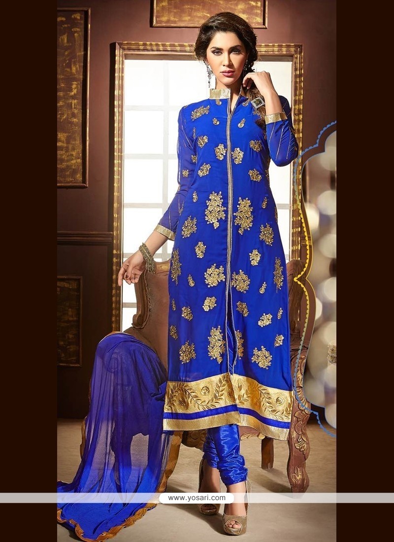 Invaluable Blue Zari Work Churidar Designer Suit