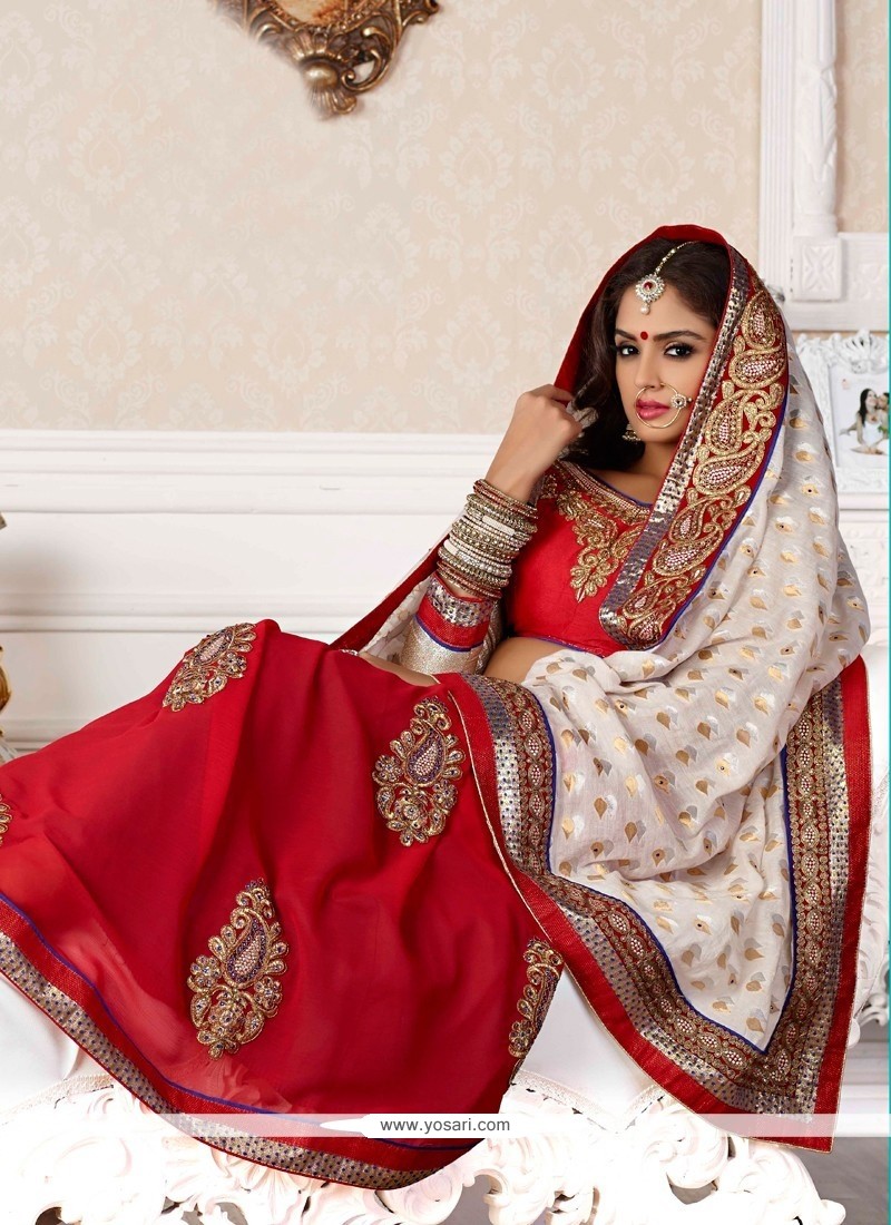 Fascinating Red Faux Georgette Wedding Saree