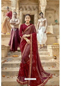 Maroon Designer Party Wear Crepe Silk With Net Sari