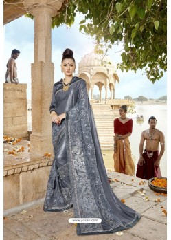 Grey Designer Party Wear Crepe Silk With Net Sari