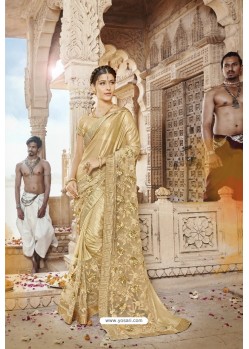 Gold Designer Party Wear Crepe Silk With Net Sari