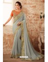 Light Grey Embroidered Designer Party Wear Georgette Sari