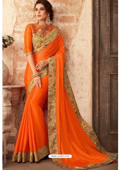 Orange Embroidered Designer Party Wear Georgette Sari