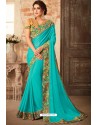 Turquoise Embroidered Designer Party Wear Georgette Sari