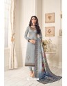 Grey Satin Georgette Heavy Embroidered Churidar Suit