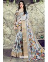 Aqua Grey Designer Party Wear Digital Printed Silk Sari