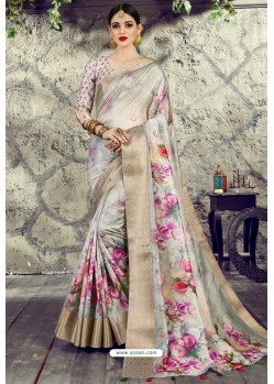 Light Grey Designer Party Wear Digital Printed Silk Sari