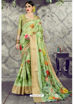 Green Designer Party Wear Digital Printed Silk Sari