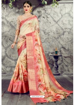 Cream Designer Party Wear Digital Printed Silk Sari