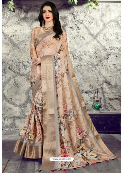 Beige Designer Party Wear Digital Printed Silk Sari