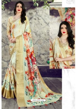 Off White Designer Party Wear Digital Printed Silk Sari