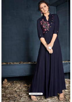 Navy Blue Designer Readymade Rayon Long Kurti