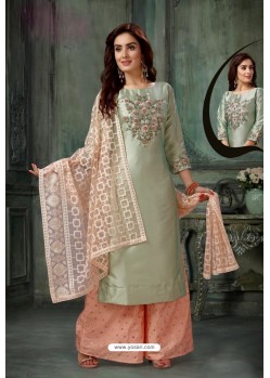 Grayish Green Embroidered Designer Palazzo Salwar Suit