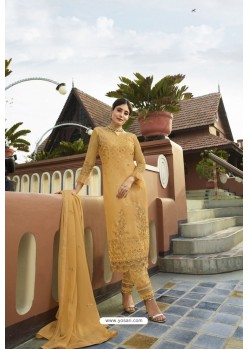Mustard Designer Embroidered Satin Georgette Straight Salwar Suits
