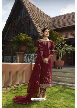Maroon Designer Embroidered Satin Georgette Straight Salwar Suits