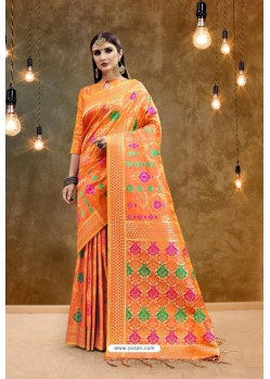 Pretty Orange Banarasi Art Silk Jacquard Worked Saree
