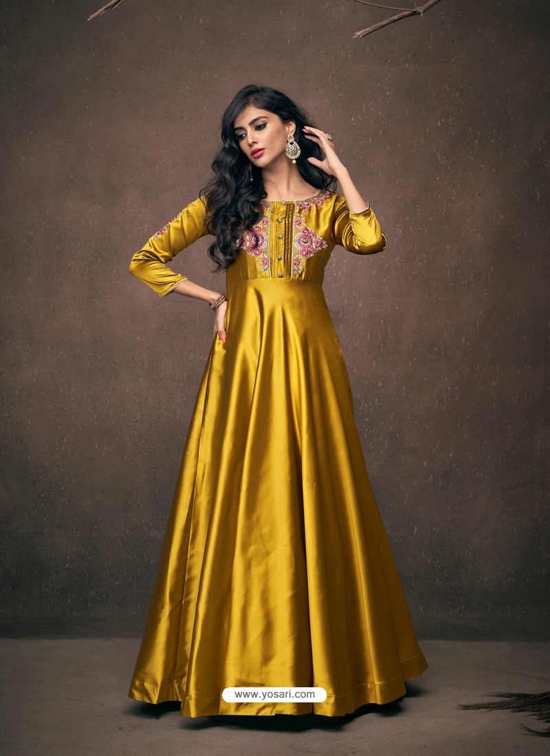 Ivory Beige Designer Embroidered Satin Silk Anarkali Gown | Saira's Boutique
