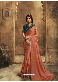 Orange Designer Party Wear Zari Embroidered Sari