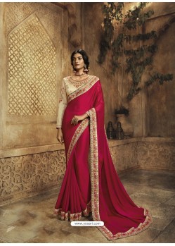 Rose Red Designer Party Wear Zari Embroidered Sari