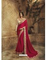 Rose Red Designer Party Wear Zari Embroidered Sari