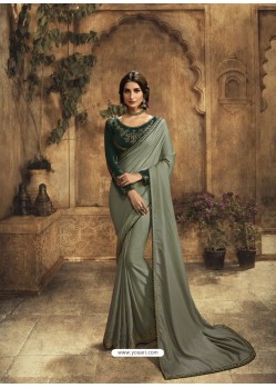 Grayish Green Designer Party Wear Zari Embroidered Sari