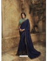 Navy Blue Designer Party Wear Zari Embroidered Sari