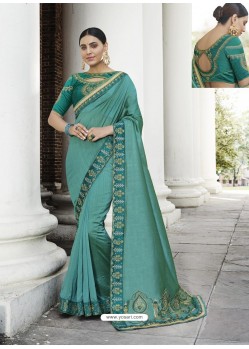 Teal Heavy Embroidered Designer Party Wear Sari