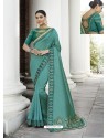 Teal Heavy Embroidered Designer Party Wear Sari