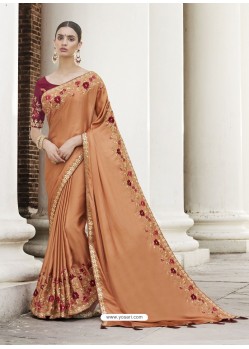 Rust Heavy Embroidered Designer Party Wear Sari