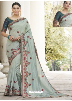 Light Grey Heavy Embroidered Designer Party Wear Sari