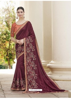 Maroon Heavy Embroidered Designer Party Wear Sari