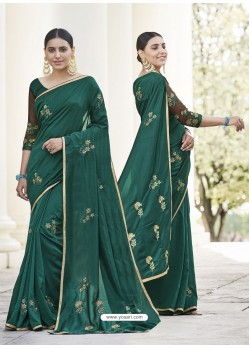 Dark Green Heavy Embroidered Designer Party Wear Sari