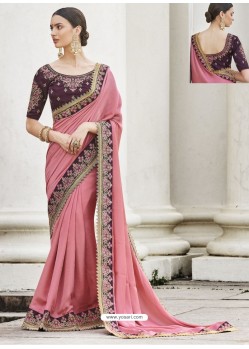 Pink Heavy Embroidered Designer Party Wear Sari