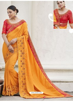 Mustard Heavy Embroidered Designer Party Wear Sari