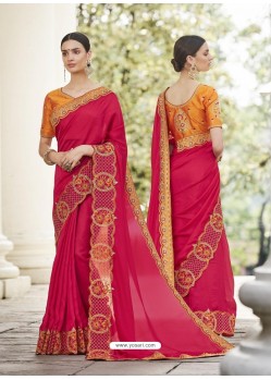 Rose Red Heavy Embroidered Designer Party Wear Sari