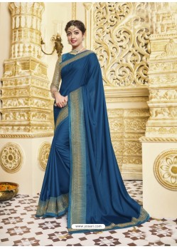 Dark Blue Designer Party Wear Fancy Satin Georgette Sari