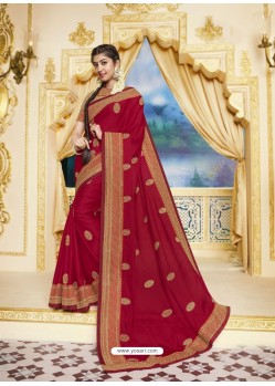 Rose Red Designer Party Wear Fancy Satin Georgette Sari