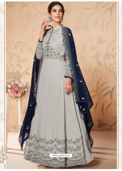 Light Grey Heavy Embroidered Real Georgette Designer Anarkali Suit