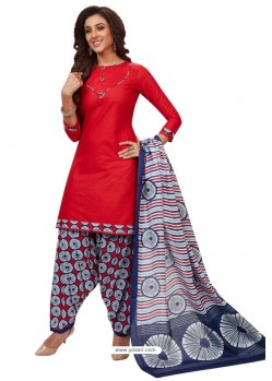 Red Designer Cotton Printed Punjabi Patiala Suit