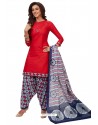Red Designer Cotton Printed Punjabi Patiala Suit