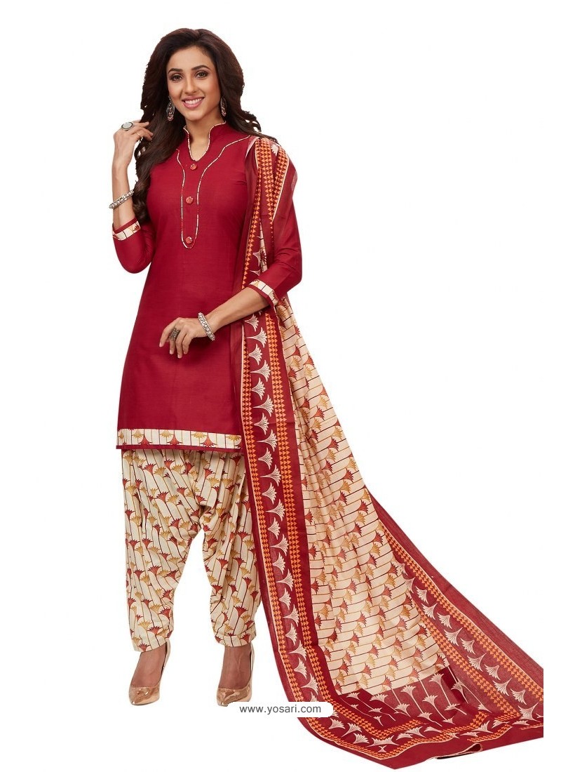 Buy Maroon Designer Cotton Printed Punjabi Patiala Suit | Punjabi ...