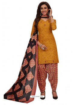 Mustard Designer Cotton Printed Punjabi Patiala Suit