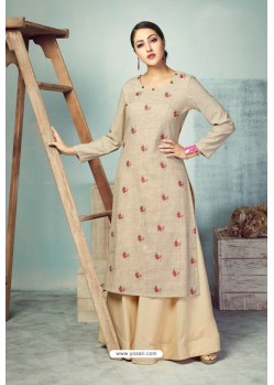 Light Beige Heavy Party Wear Pure Handloom Readymade Kurti With Palazzo