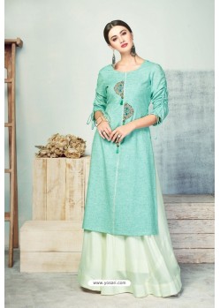 Aqua Mint Heavy Party Wear Pure Handloom Readymade Kurti With Palazzo