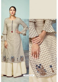 Cream Heavy Party Wear Pure Handloom Readymade Kurti With Palazzo