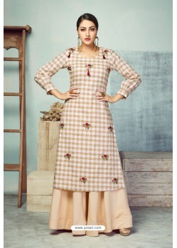 Cream Heavy Party Wear Pure Handloom Readymade Kurti With Palazzo