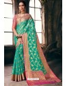 Aqua Mint Designer Party Wear Embroidered Cotton Sari