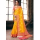 Yellow Designer Party Wear Embroidered Cotton Sari