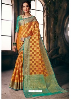 Orange Designer Party Wear Embroidered Cotton Sari